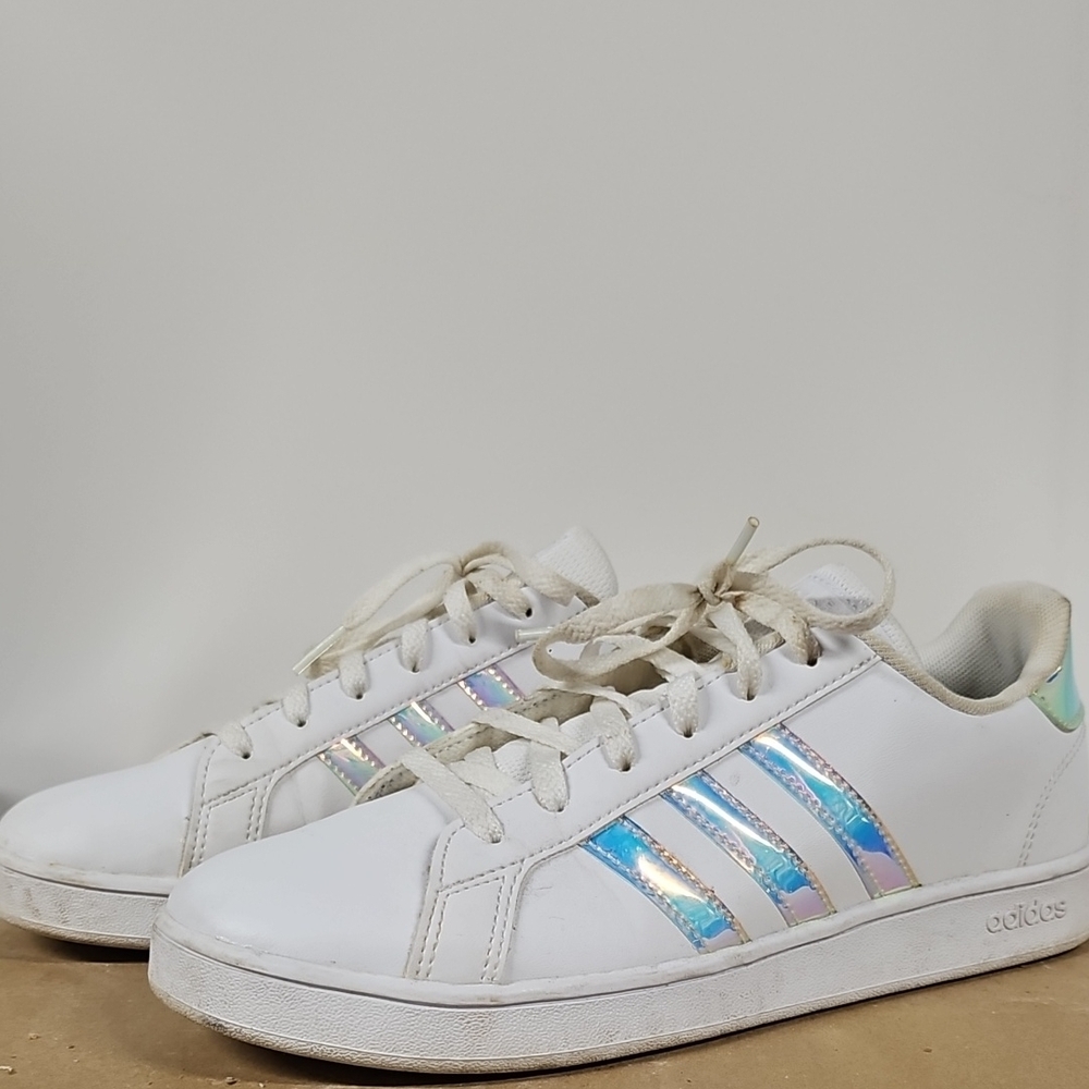 Adidas Women's White Sneakers with Iridescent Stripes